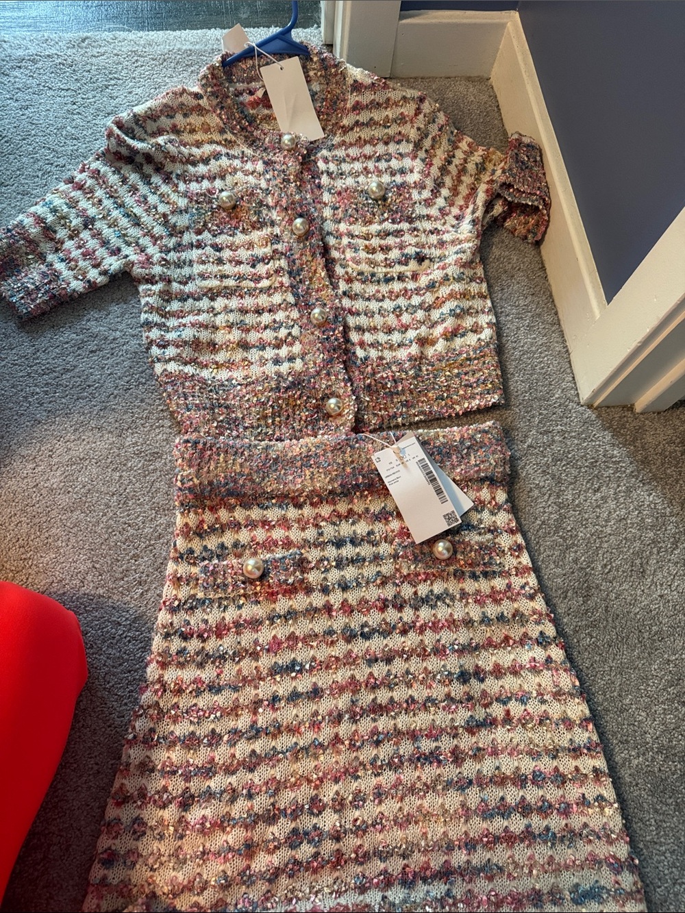 Pearl-Button Tweed Two-Piece Set in Cream & Multicolor